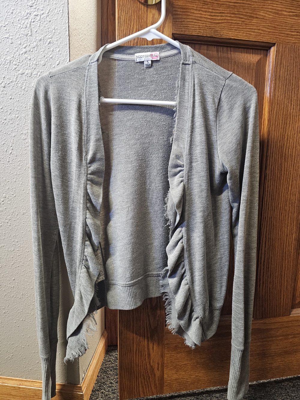 Body Central Gray Ruffle-Front Open Cardigan